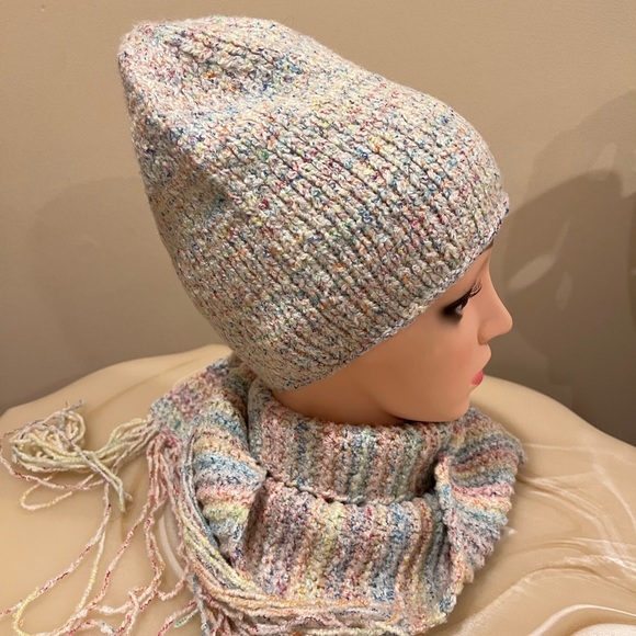 Handmade Knit Women\'s Hat and Scarf Set Multi-Color Pastel Confetti Winter Warm main image 4